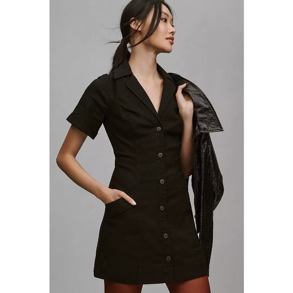 Maeve by Anthropologie Black Short-Sleeve Collared Mini Shirt Dress - Picture 2 of 10